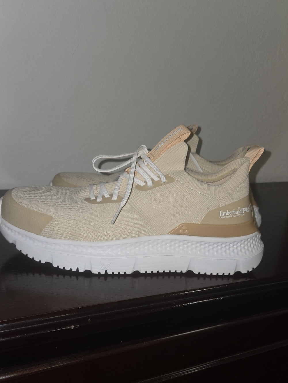 0Timberland PRO Womens Beige and White Knit Slip-On Sneakers